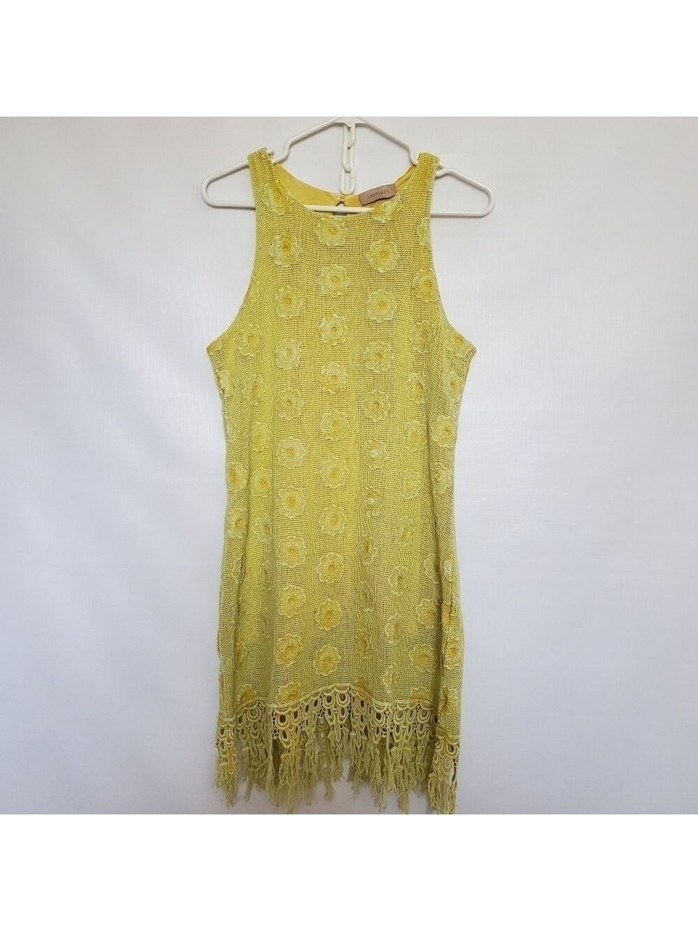LANGUAGE DRESS SLEEVELESS FRINGE MUSTARD YELLOW EMBROIDERED FLORAL WOMANS ( XL )